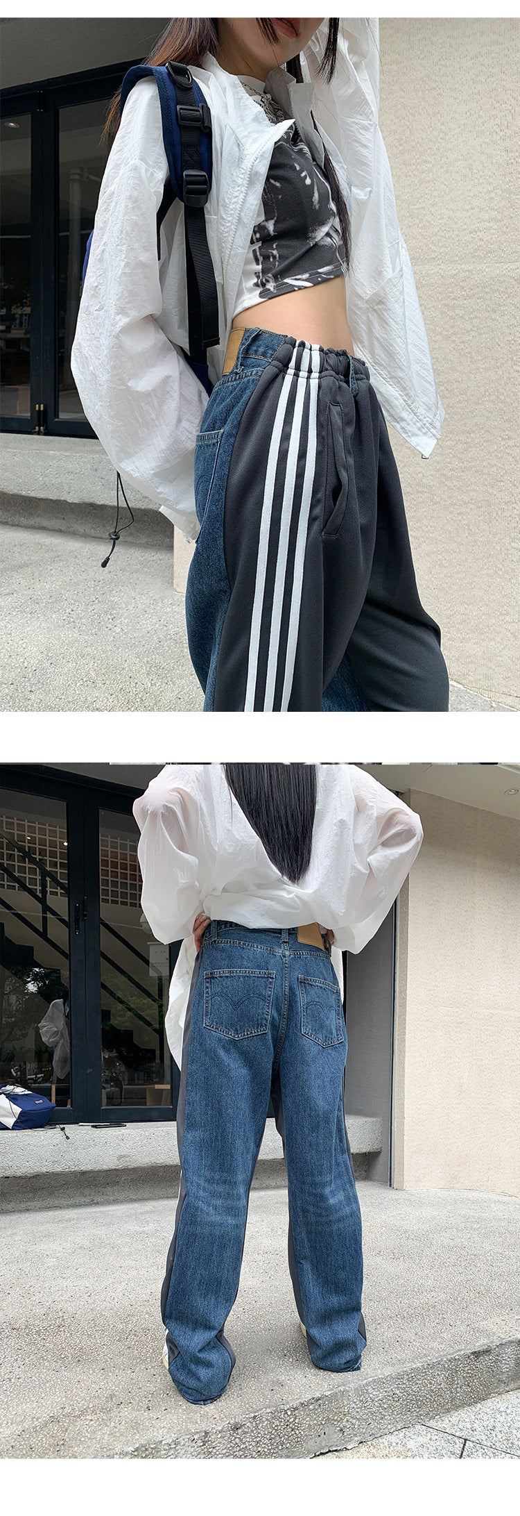 Stitching Design Sense Jeans Casual Ins Side Tape Bar Wide Leg Pants