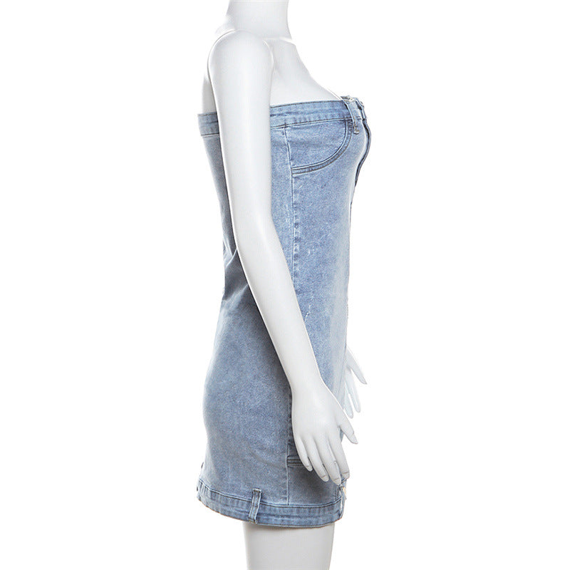 European And American Style Denim Tube Top Cinched Waist Slim And Sexy Hip Bag Dress