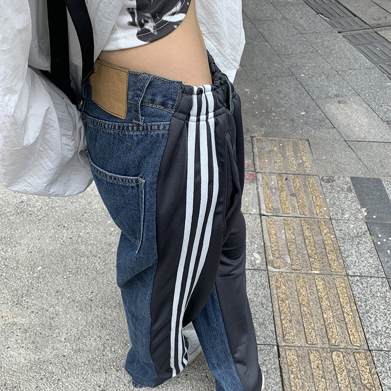 Stitching Design Sense Jeans Casual Ins Side Tape Bar Wide Leg Pants
