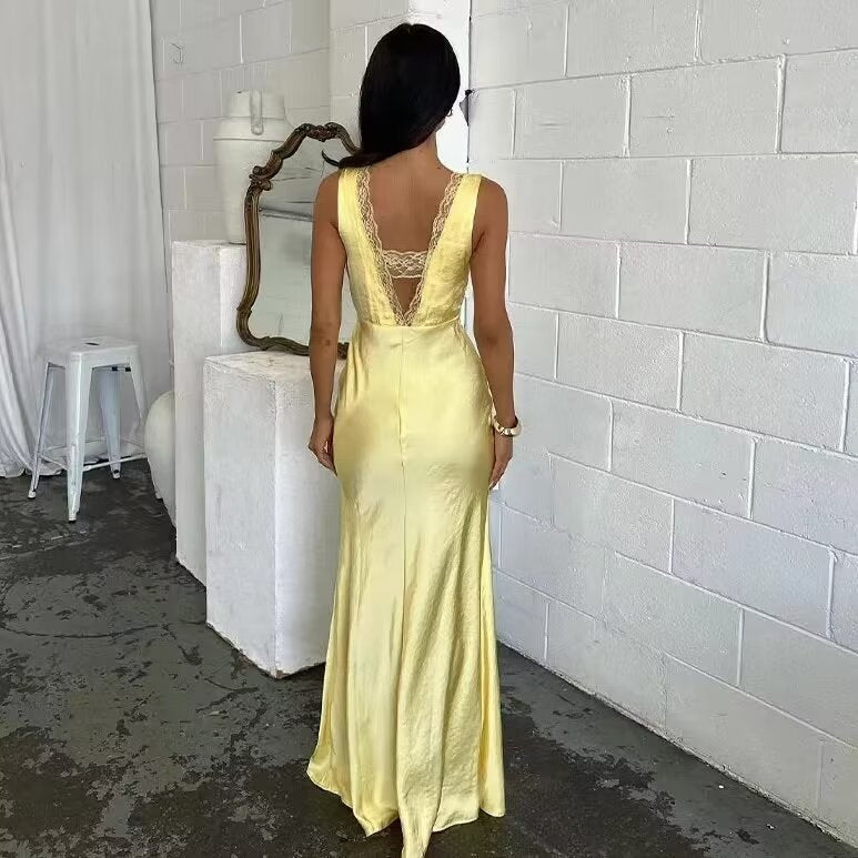 Women's Graceful And Fashionable Lace V-neck Lace Stitching Sleeveless Dress