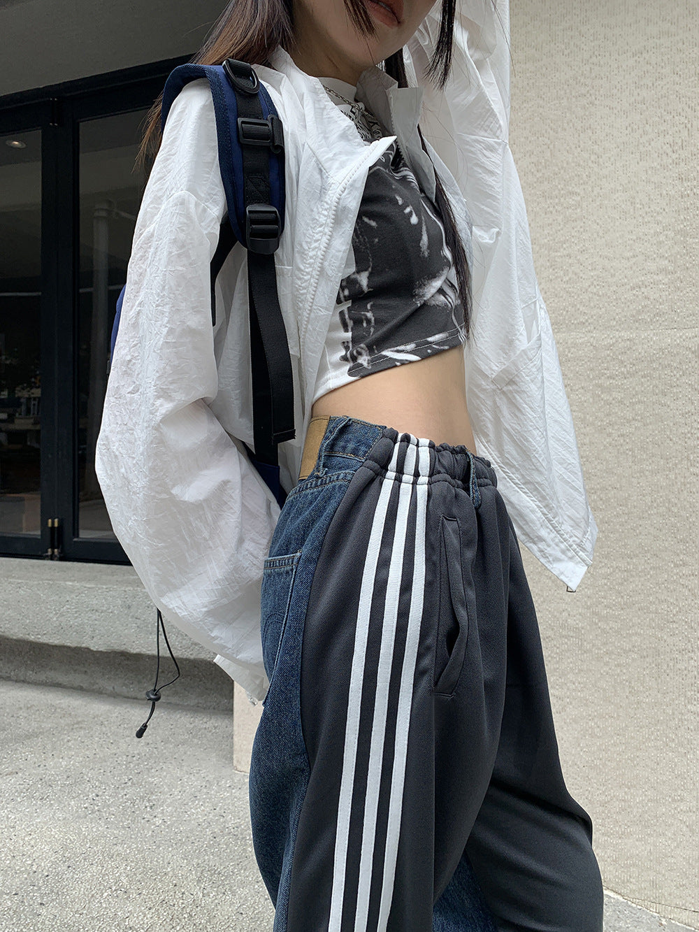 Stitching Design Sense Jeans Casual Ins Side Tape Bar Wide Leg Pants
