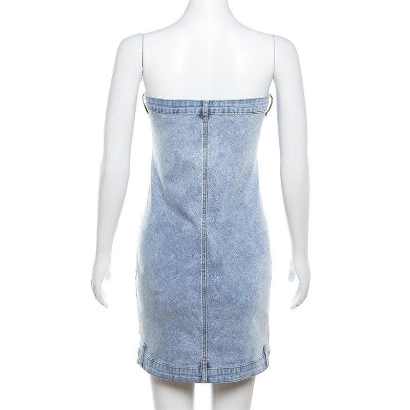 European And American Style Denim Tube Top Cinched Waist Slim And Sexy Hip Bag Dress
