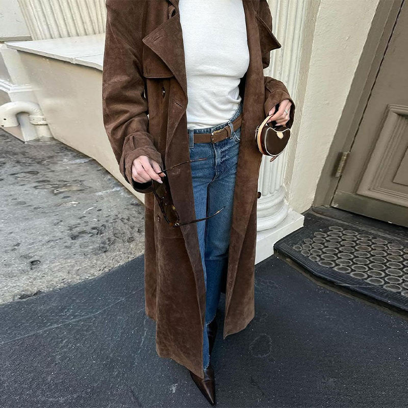 Lace-up Waist-tight Long Trench Coat Elegant Double-breasted Women's Coat