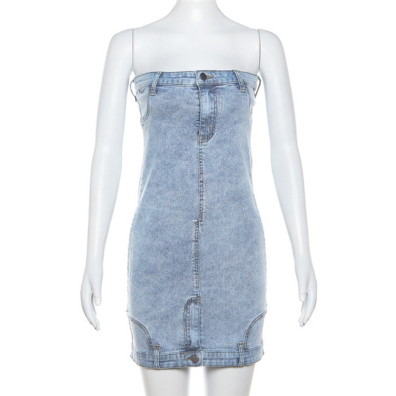 European And American Style Denim Tube Top Cinched Waist Slim And Sexy Hip Bag Dress