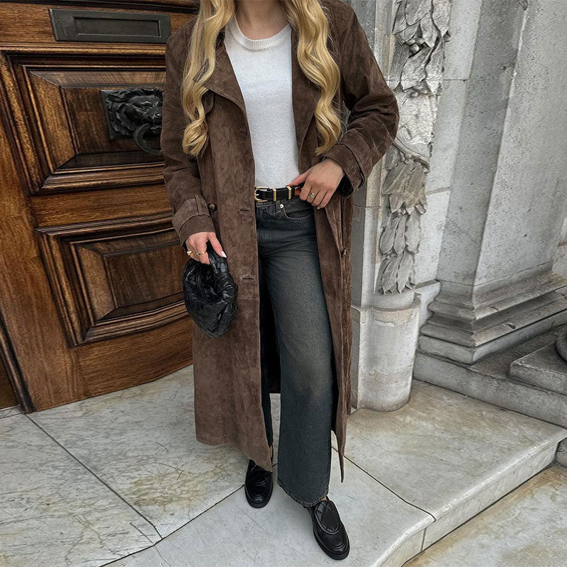 Lace-up Waist-tight Long Trench Coat Elegant Double-breasted Women's Coat
