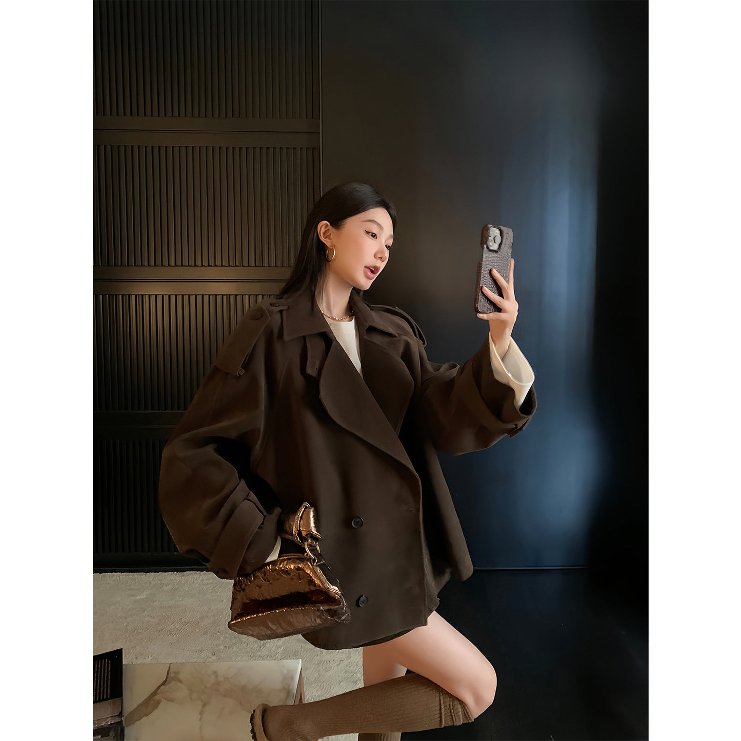 Suede Lapel Trench Coat Skirt Suit
