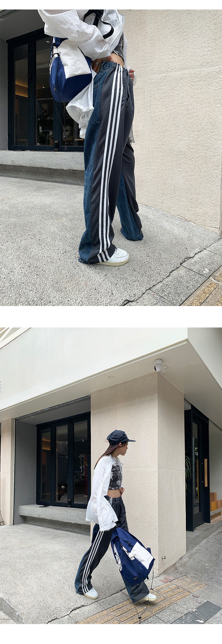 Stitching Design Sense Jeans Casual Ins Side Tape Bar Wide Leg Pants
