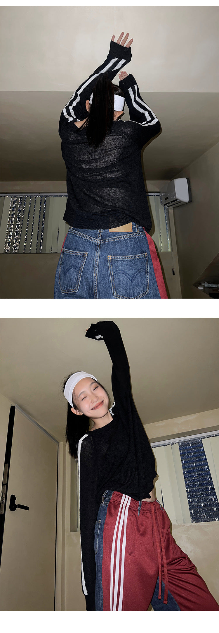 Stitching Design Sense Jeans Casual Ins Side Tape Bar Wide Leg Pants