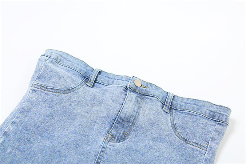 European And American Style Denim Tube Top Cinched Waist Slim And Sexy Hip Bag Dress