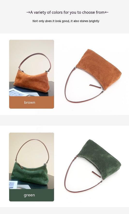 Niche Suede Underarm Baguette Retro Matte Top-grain Leather Shoulder Bag Handbag