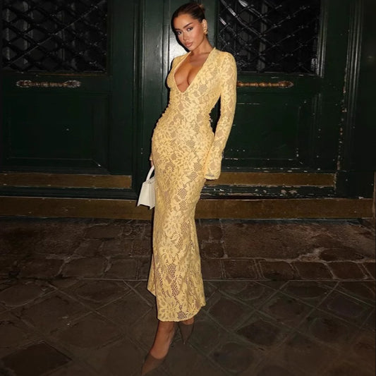 European And American Style Sexy Female Deep V Long Sleeve Mesh Lace Hollow Dress