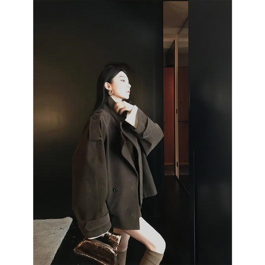 Suede Lapel Trench Coat Skirt Suit