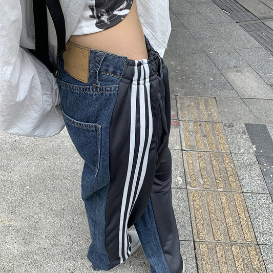 Stitching Design Sense Jeans Casual Ins Side Tape Bar Wide Leg Pants