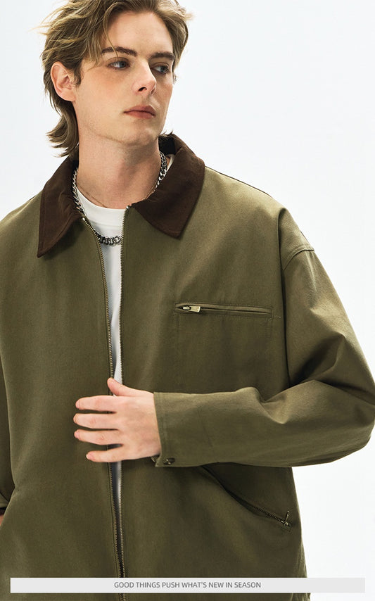 Contrast Color Washed Polo Collar Jacket Men