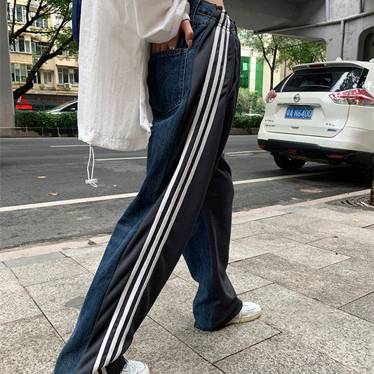 Stitching Design Sense Jeans Casual Ins Side Tape Bar Wide Leg Pants
